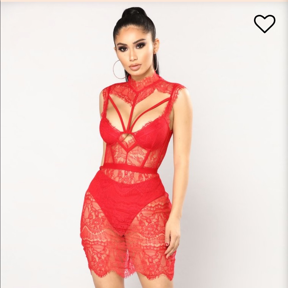 FASHION NOVA RED LACE SEE THROUGH DRESS
